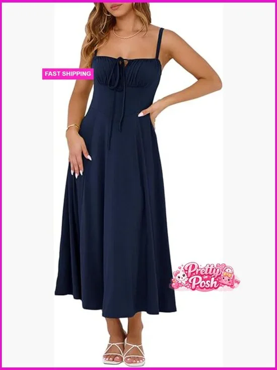 Corset Midi Dress with Adjustable Spaghetti Straps and Lace-Up Front - Picture 1 of 6
